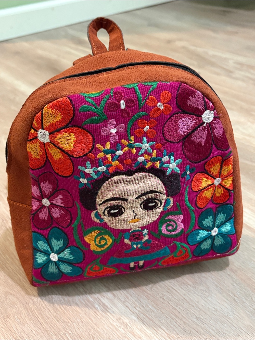 Kids Embroidered Frida-Inspired Pink Floral Mini Backpack